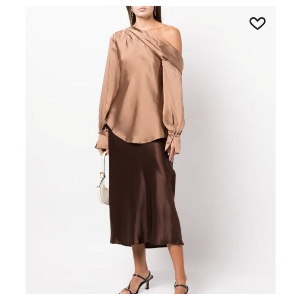 NWT Jonathan Simkhai Alice One Shoulder Long Sleeve Blouse Medium Light Brown